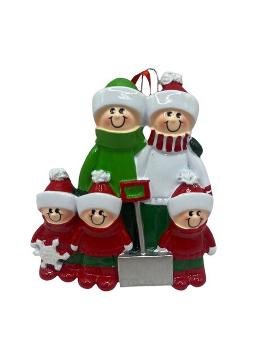 Christmas Family of 5 with Snow Shovel Personalised Tree Ornament