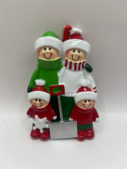 Christmas Family of 4 with Snow Shovel Personalised Tree Ornament