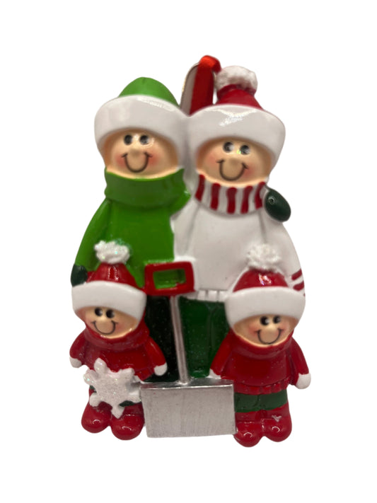 Christmas Family of 4 with Snow Shovel Personalised Tree Ornament