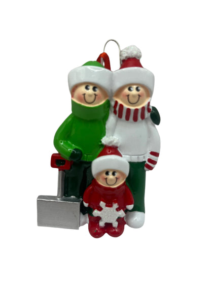 Christmas Family of 3 with Snow Shovel Personalised Tree Ornament