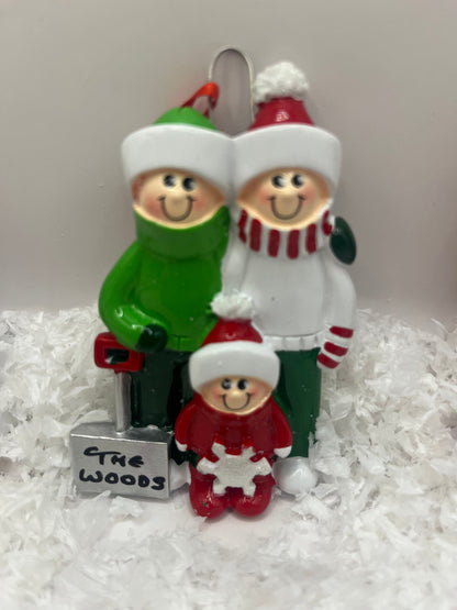 Christmas Family of 3 with Snow Shovel Personalised Tree Ornament