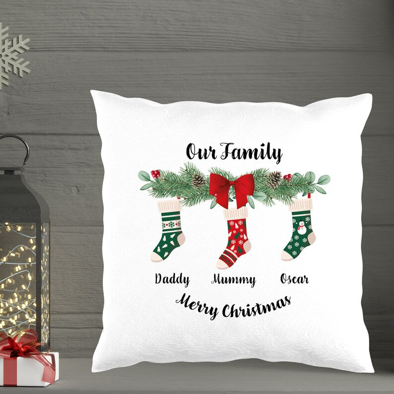 Personalised Christmas Socks Cushion for 3, 4, 5 or 6 names Family of 3 Socks Monster Parties