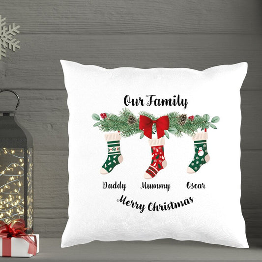 Personalised Christmas Socks Cushion for 3, 4, 5 or 6 names Family of 3 Socks Monster Parties
